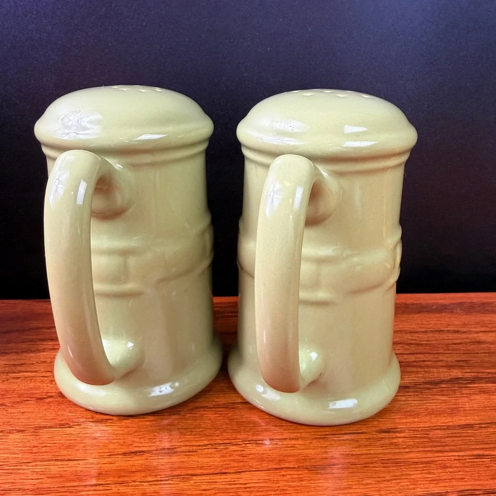 Longaberger Salt Pepper Shakers 2 Sets Sage Green Woven Ceramic Iron Caddy